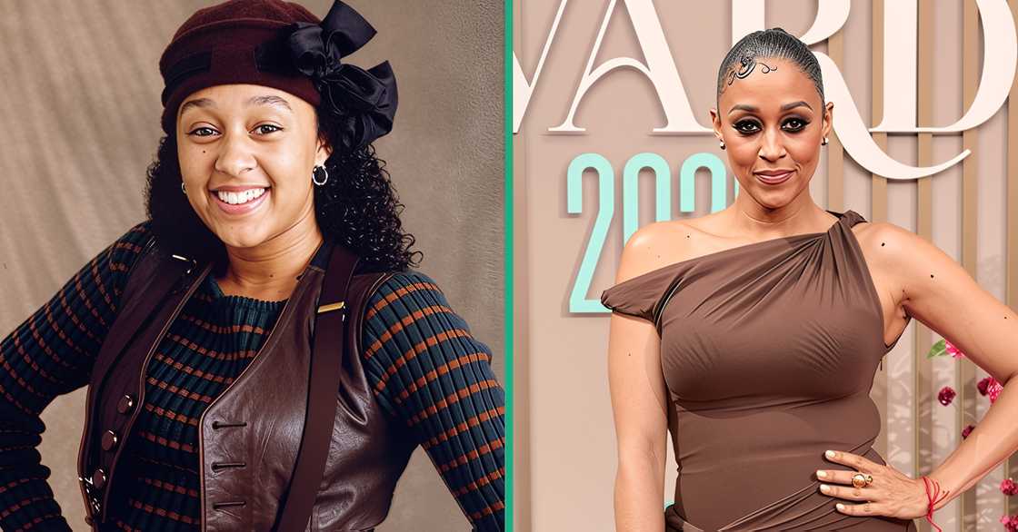 Tia Mowry poses in a brown get-up (L). The actress poses on the red carpet of the 2025 BET Awards (R). Tia Mowry poses in a brown get-up (L). The actress poses on the red carpet of the 2025 BET Awards (R).