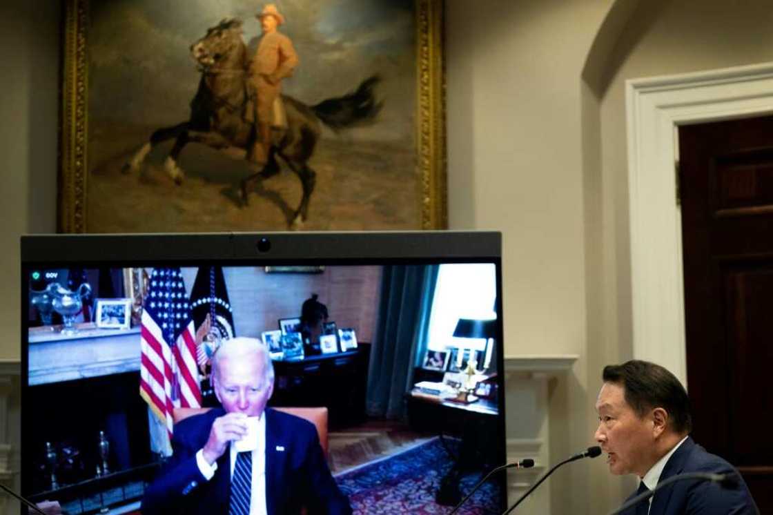 US President Joe Biden meets virtually with the Chairman and Principal Owner of SK Group Chey Tae-won, who was in the White House to announce a $22 billion investment in high-tech industries US President Joe Biden meets virtually with the Chairman and Principal Owner of SK Group Chey Tae-won, who was in the White House to announce a $22 billion investment in high-tech industries