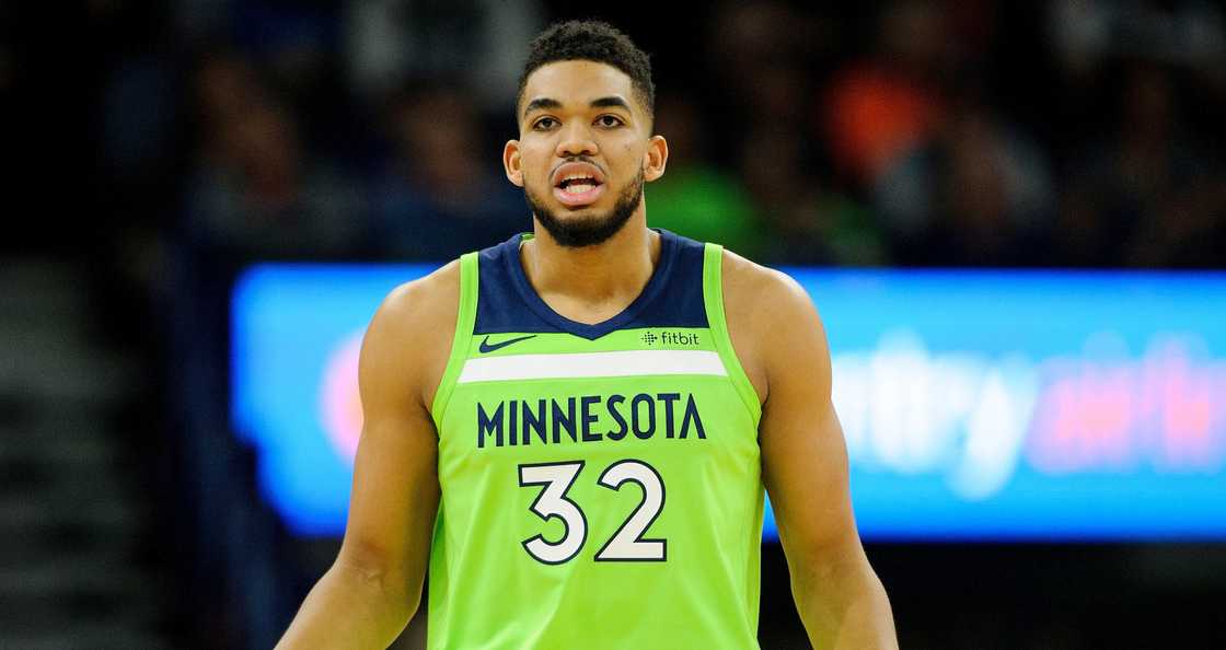 Karl-Anthony Towns of the Minnesota Timberwolves reacts to a call during the game Karl-Anthony Towns of the Minnesota Timberwolves reacts to a call during the game