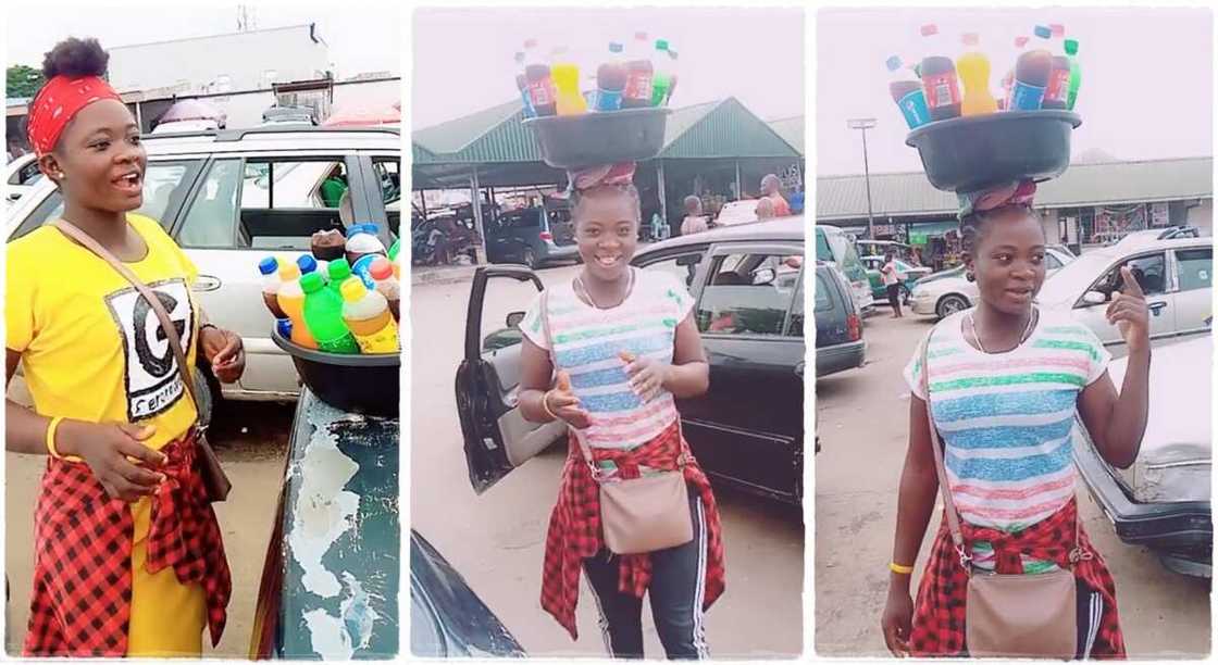 Photos of Ginikachi, a Nigerian lady who hawks soft drinks.