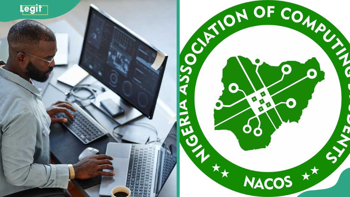 A software developer working with computers and data systems in office and the Nigeria Association of Computing Students (NACOS) logo