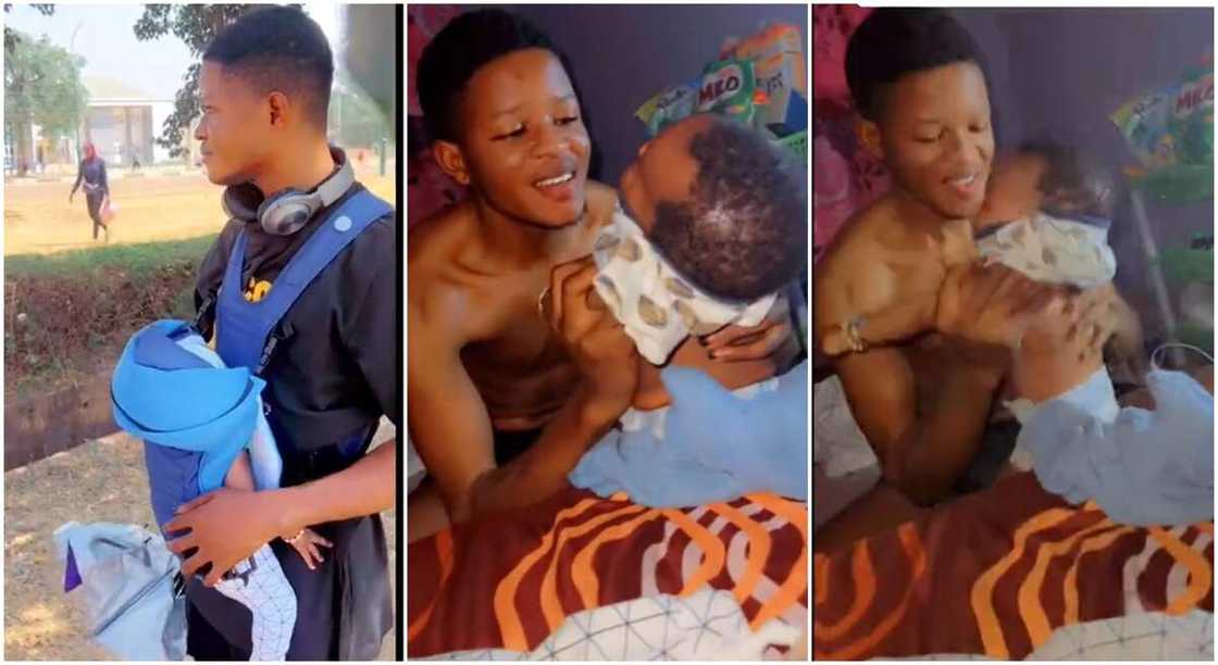 Photos of a man caring for his baby.