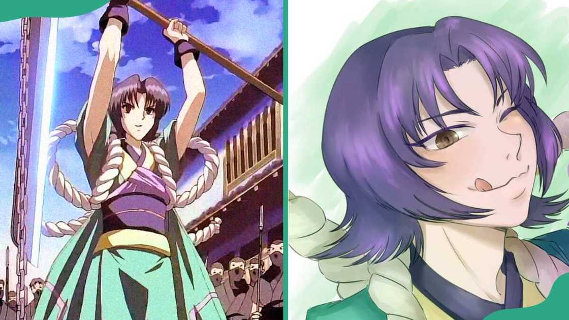 Honjo Kamatari in a traditional Japanese outfit (L). The character with a joyful smile (R) Honjo Kamatari in a traditional Japanese outfit (L). The character with a joyful smile (R)