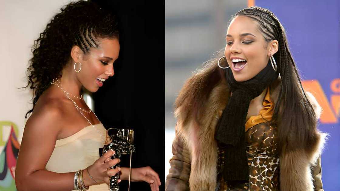 Alicia Keys' thin cornrows hairstyle. Photo: @aliciakeys (modified by author) Alicia Keys' thin cornrows hairstyle. Photo: @aliciakeys (modified by author)