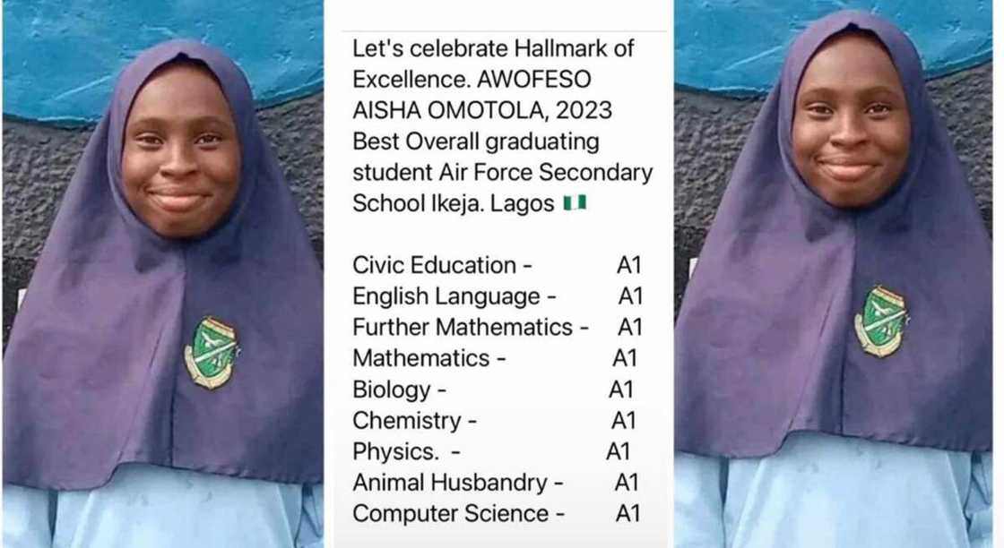 Aisha Omotola Awofeso WAEC result, A1 in nine WASCE subjects