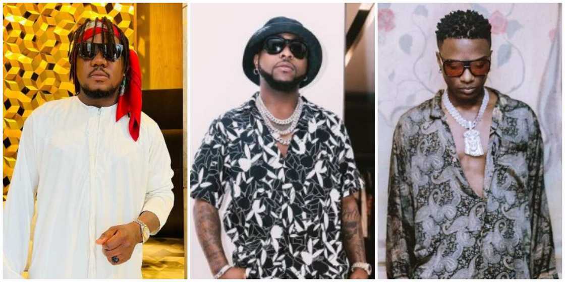 Photos of singers CDQ, Davido and Wizkid.