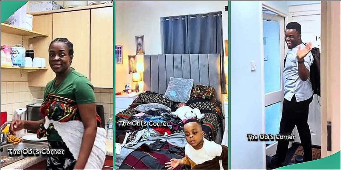 Woman praises husband for doing house chores Woman praises husband for doing house chores