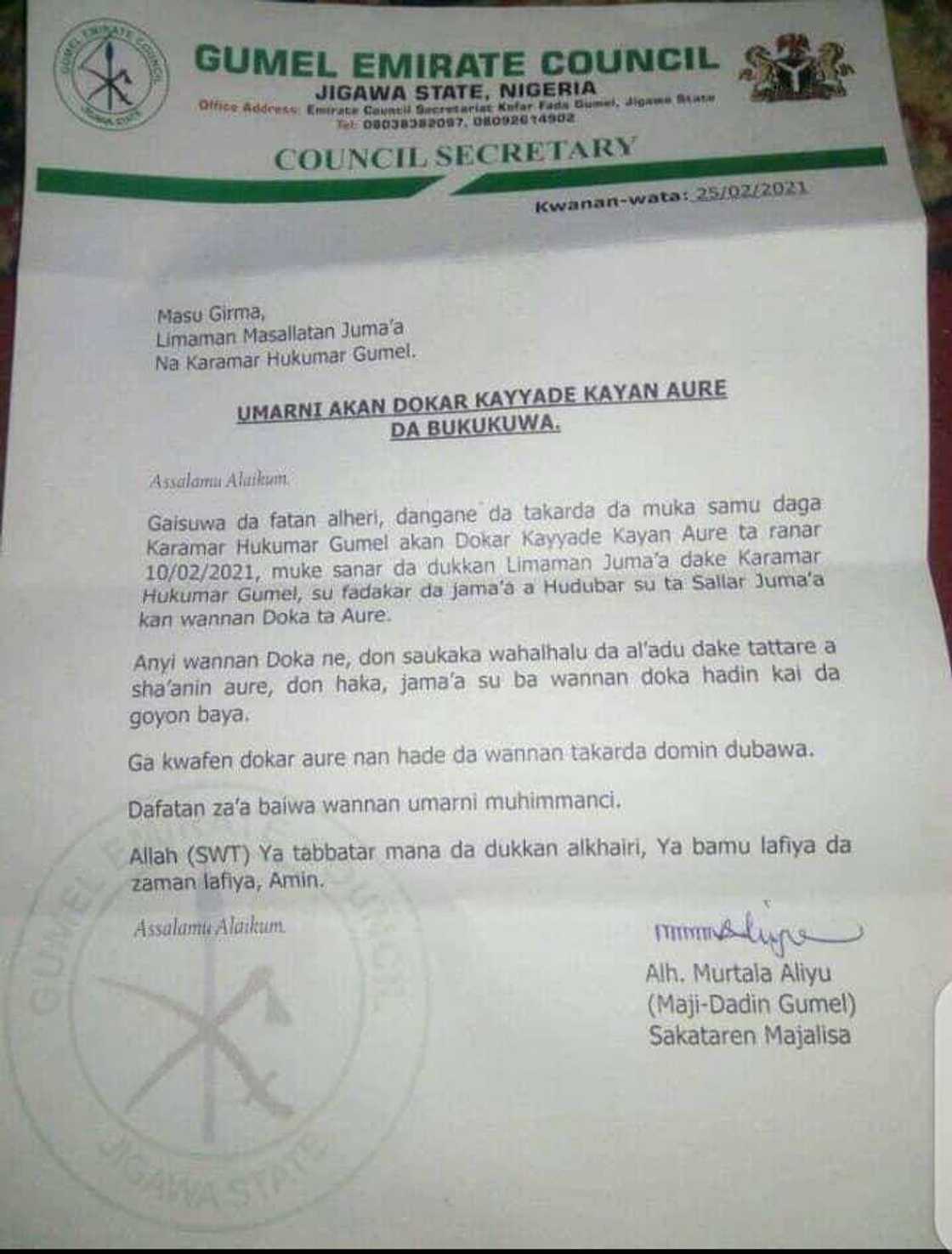 Masarautar Gumel ta kafa dokar kayyade kayan aure, ta umurci Limamai su sanar a Masallaci Masarautar Gumel ta kafa dokar kayyade kayan aure, ta umurci Limamai su sanar a Masallaci