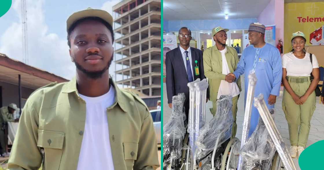 An NYSC member donated wheelchairs and crutches to the Federal Medical Centre, Abeokuta, with his entire NYSC allowance. An NYSC member donated wheelchairs and crutches to the Federal Medical Centre, Abeokuta, with his entire NYSC allowance.