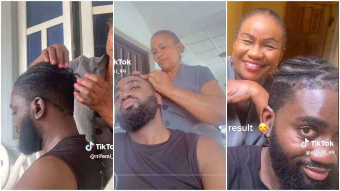Mother plaits son's hair Photo credit: Tiktok/https Mother plaits son's hair Photo credit: Tiktok/https
