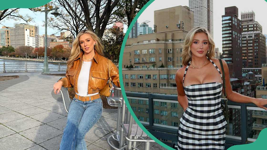 Shane Gillis is seen in a brown jacket and denim pants, and she poses in a black and white dress Shane Gillis is seen in a brown jacket and denim pants, and she poses in a black and white dress