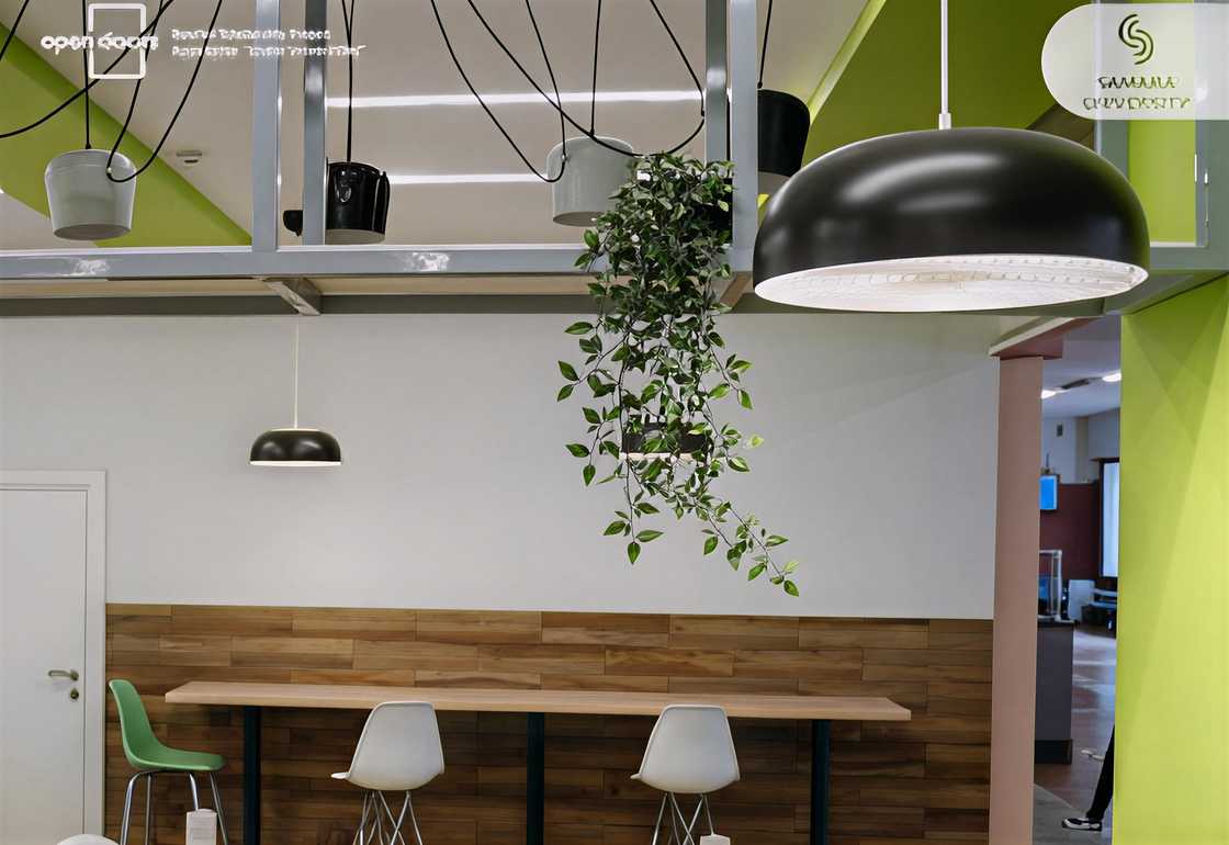 A brightly coloured study area with a wooden high-top table and white chairs.