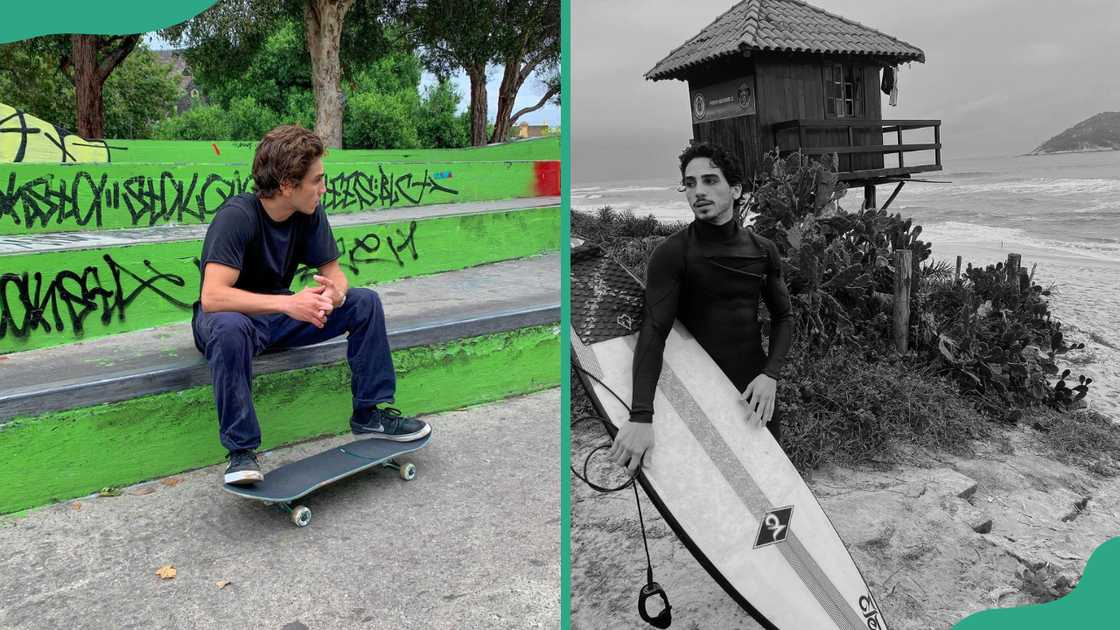 João Gabriel Marinho enjoying a peaceful moment in nature and carrying his surfboard toward the sea