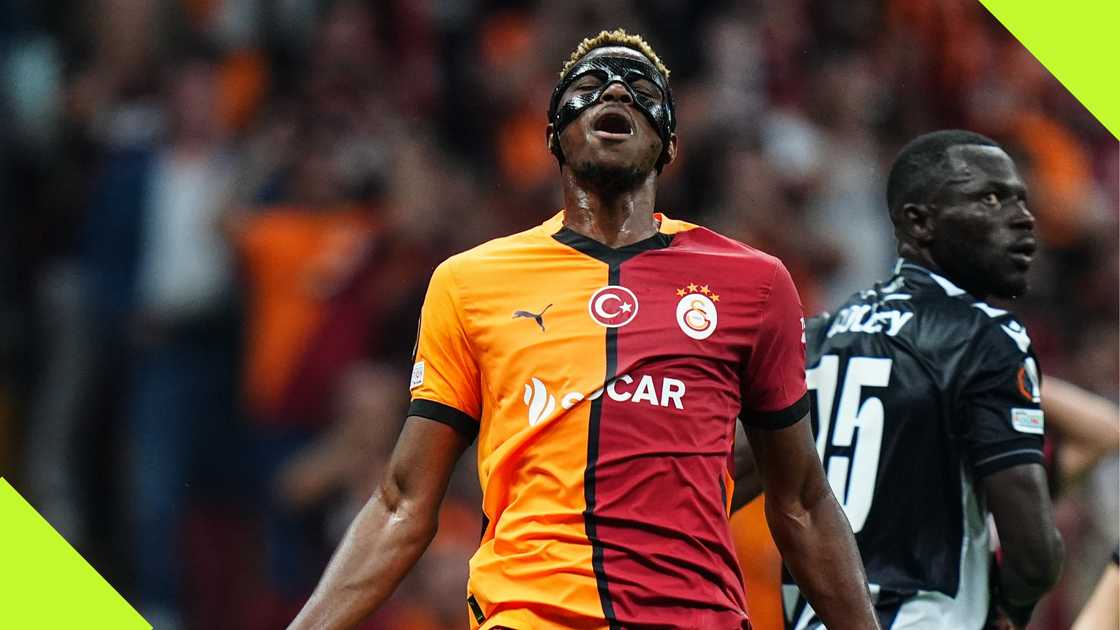 Victor Osimhen reacts after missing a goalscoring chance for Galatasaray against PAOK.