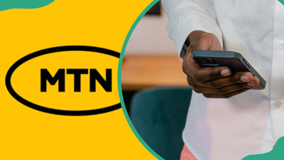 MTN logo (L), and a man using a smart phone (R)