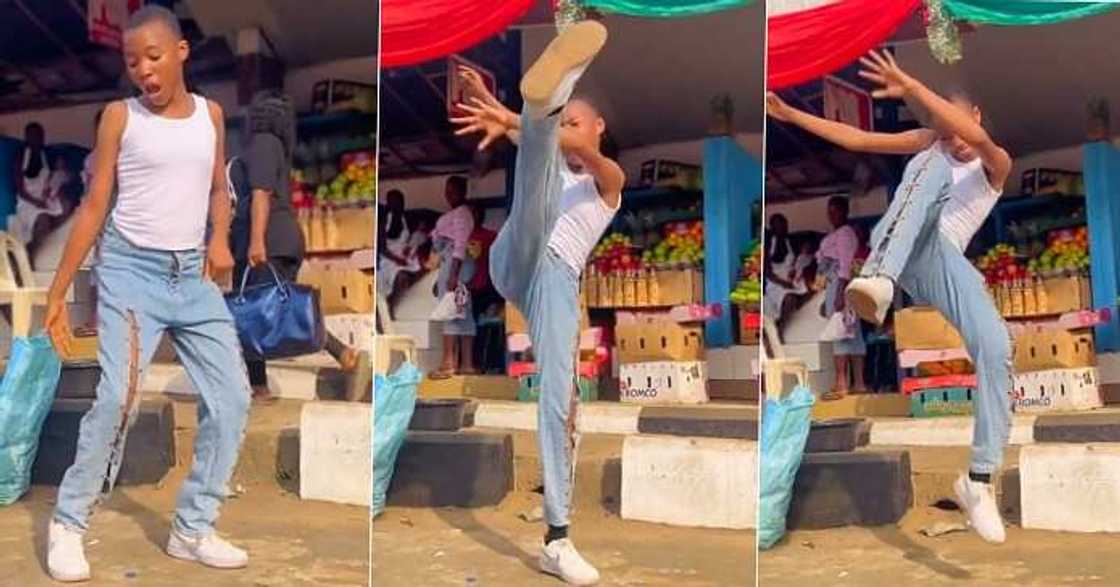 Little girl showcases dance moves, market, road