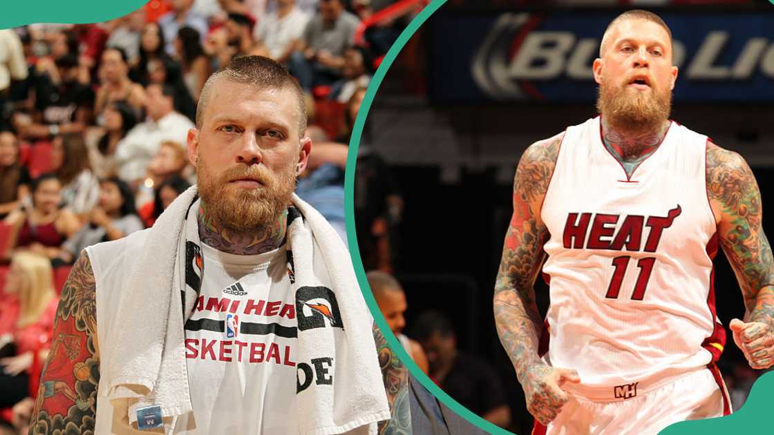 Chris Andersen of the Miami Heat stands on the court during a game (L).Chris Andersen runs upcourt against the San Antonio Spurs (R)