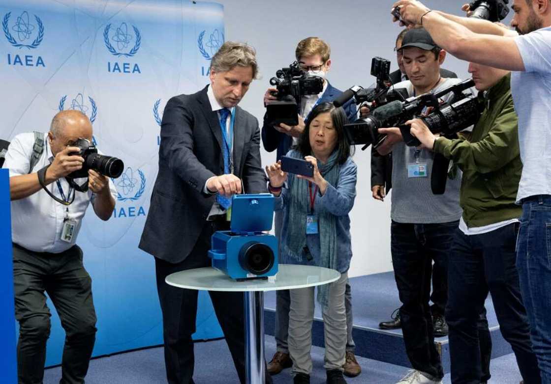 Media watch a demonstration of a monitoring camera used in Iran during a press conference of Rafael Grossi, director general of the International Atomic Energy Agency (IAEA), in June 2022 Media watch a demonstration of a monitoring camera used in Iran during a press conference of Rafael Grossi, director general of the International Atomic Energy Agency (IAEA), in June 2022