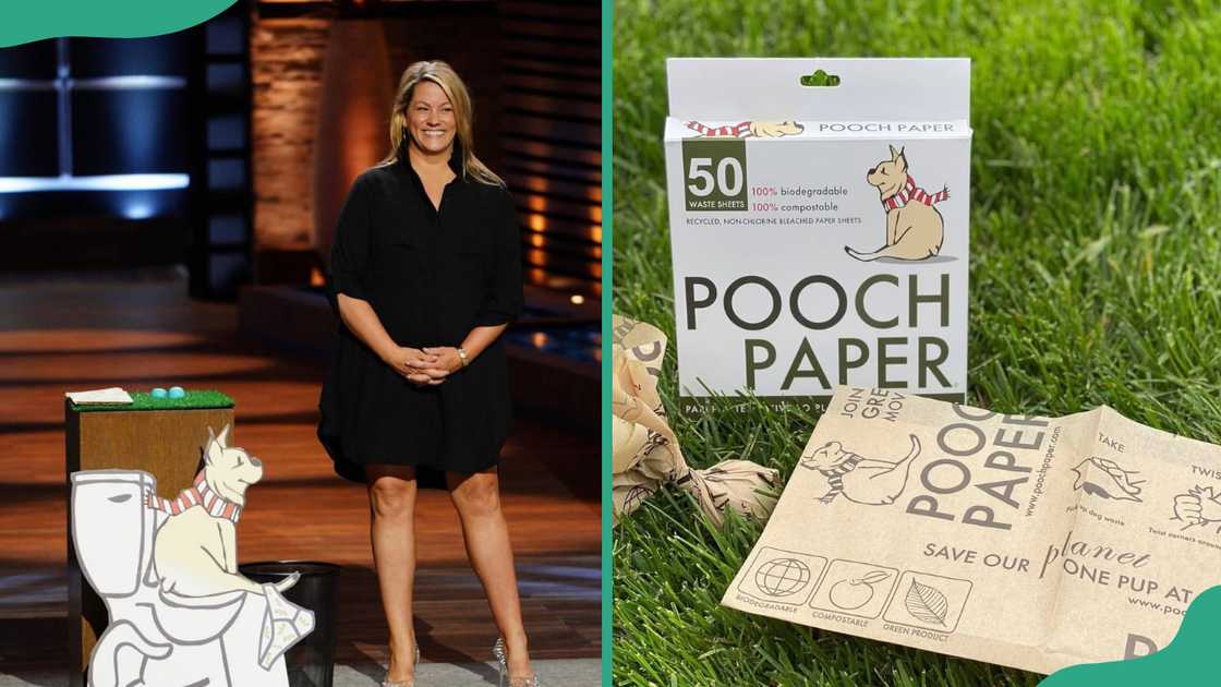 Tracy Rosensteel on Shark Tank and a package of Pooch Paper Tracy Rosensteel on Shark Tank and a package of Pooch Paper