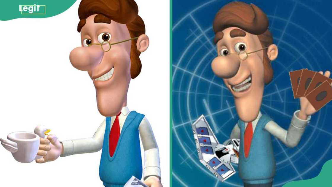 Hugh Neutron model holding a cup and card game Hugh Neutron model holding a cup and card game