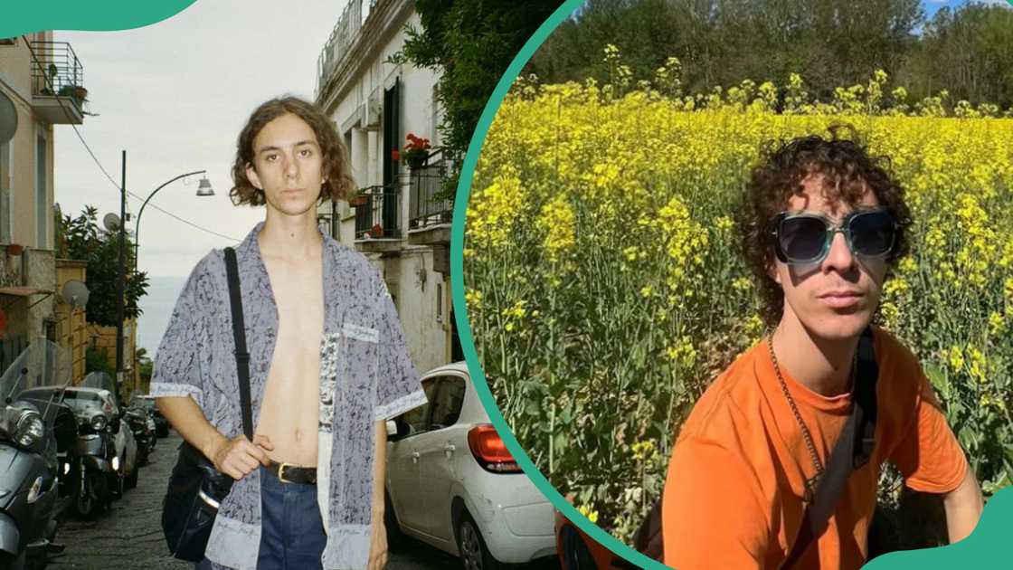 Ari Kwasner-Catsi posing along the streets with a bag on his shoulder (L). Ari Kwasner-Catsi posing in a flower plantation (R). Ari Kwasner-Catsi posing along the streets with a bag on his shoulder (L). Ari Kwasner-Catsi posing in a flower plantation (R).