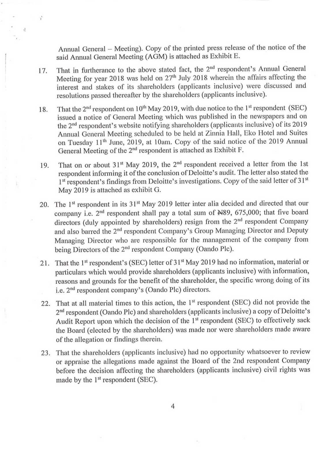 Oando shareholders have taken SEC to court to challenge penalties against Oando in May 31st letter