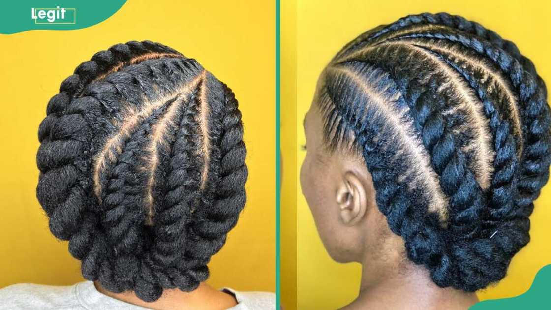 A lady showcasing the asymmetrical updo with chunky twists weaving style