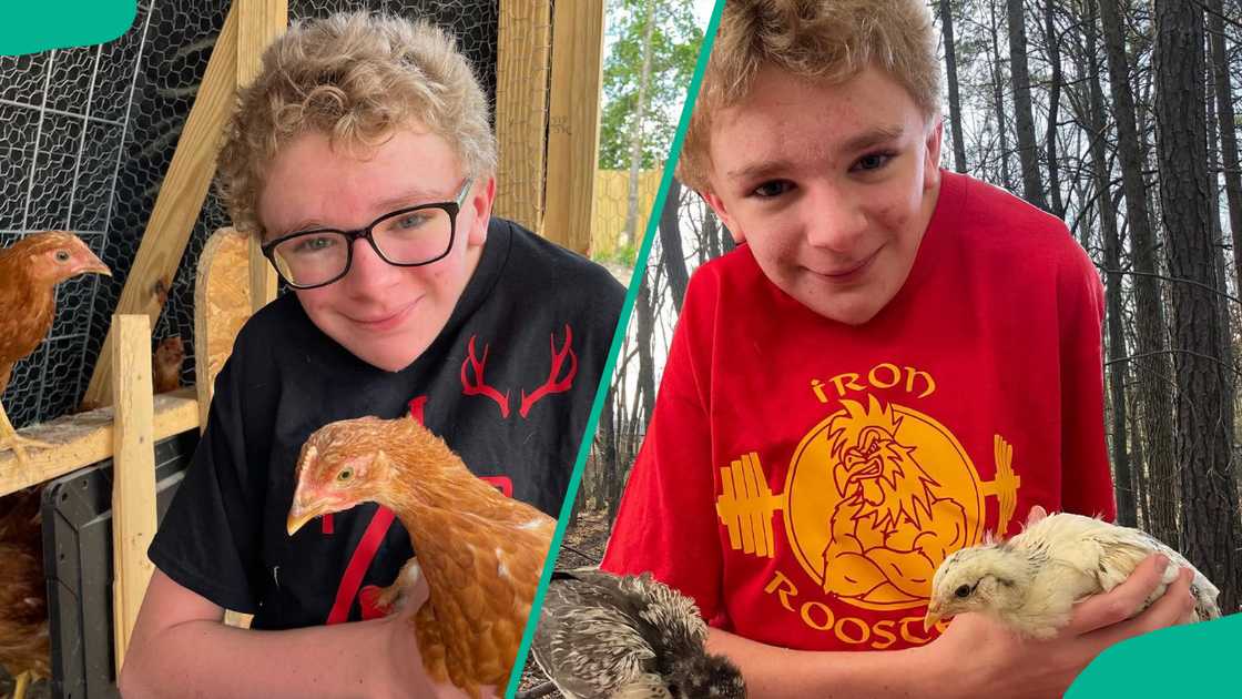Jeremy T. Thomas holding a chicken.