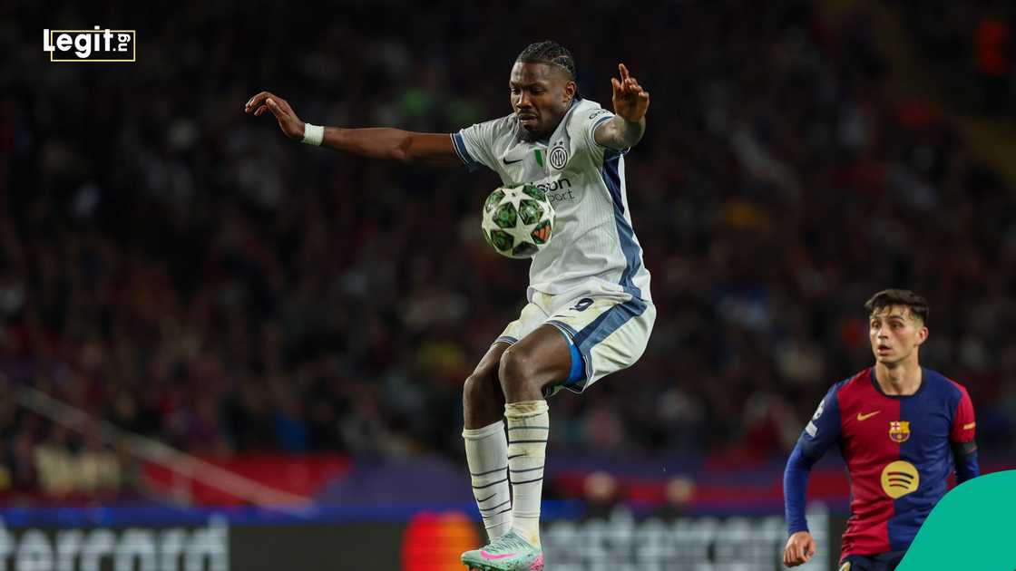 Marcus Thuram, UEFA Champions League, Barcelona, Charlotte Lavish. Marcus Thuram, UEFA Champions League, Barcelona, Charlotte Lavish.