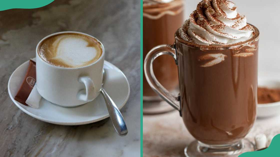 A cup of coffee (L) and a glass of hot chocolate (R) A cup of coffee (L) and a glass of hot chocolate (R)