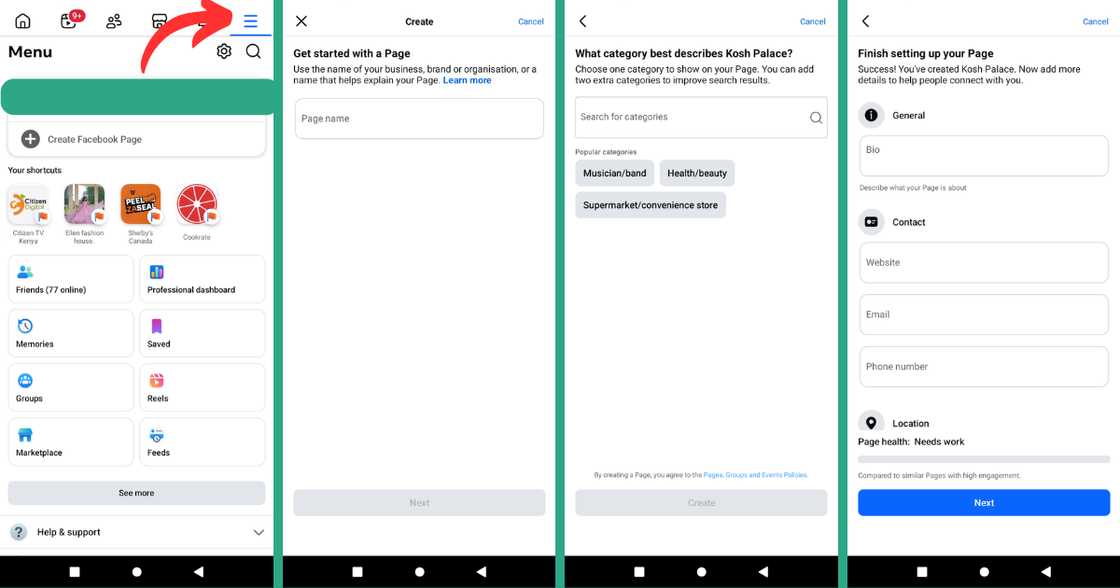A screenshot showing how to create a Facebook page on an Android. A screenshot showing how to create a Facebook page on an Android.