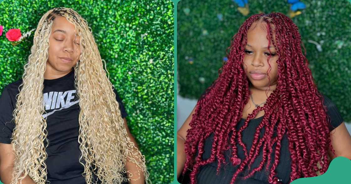 Two women with long coloured passion twists with Boho braids.