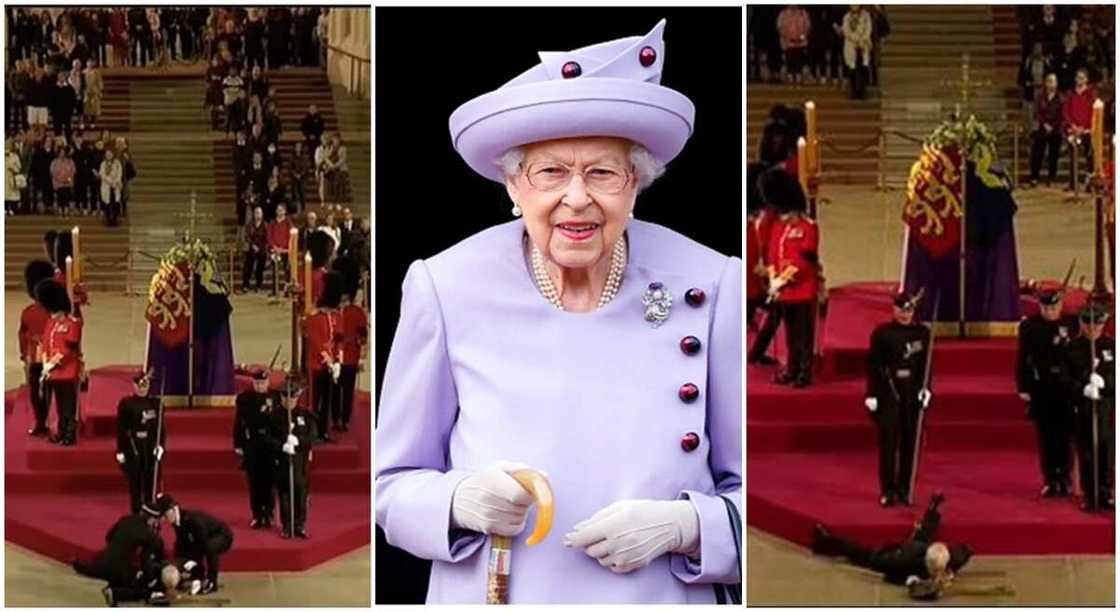 Photos of moment a man collapsed in front of Queen Elizabeth's coffin. Photos of moment a man collapsed in front of Queen Elizabeth's coffin.