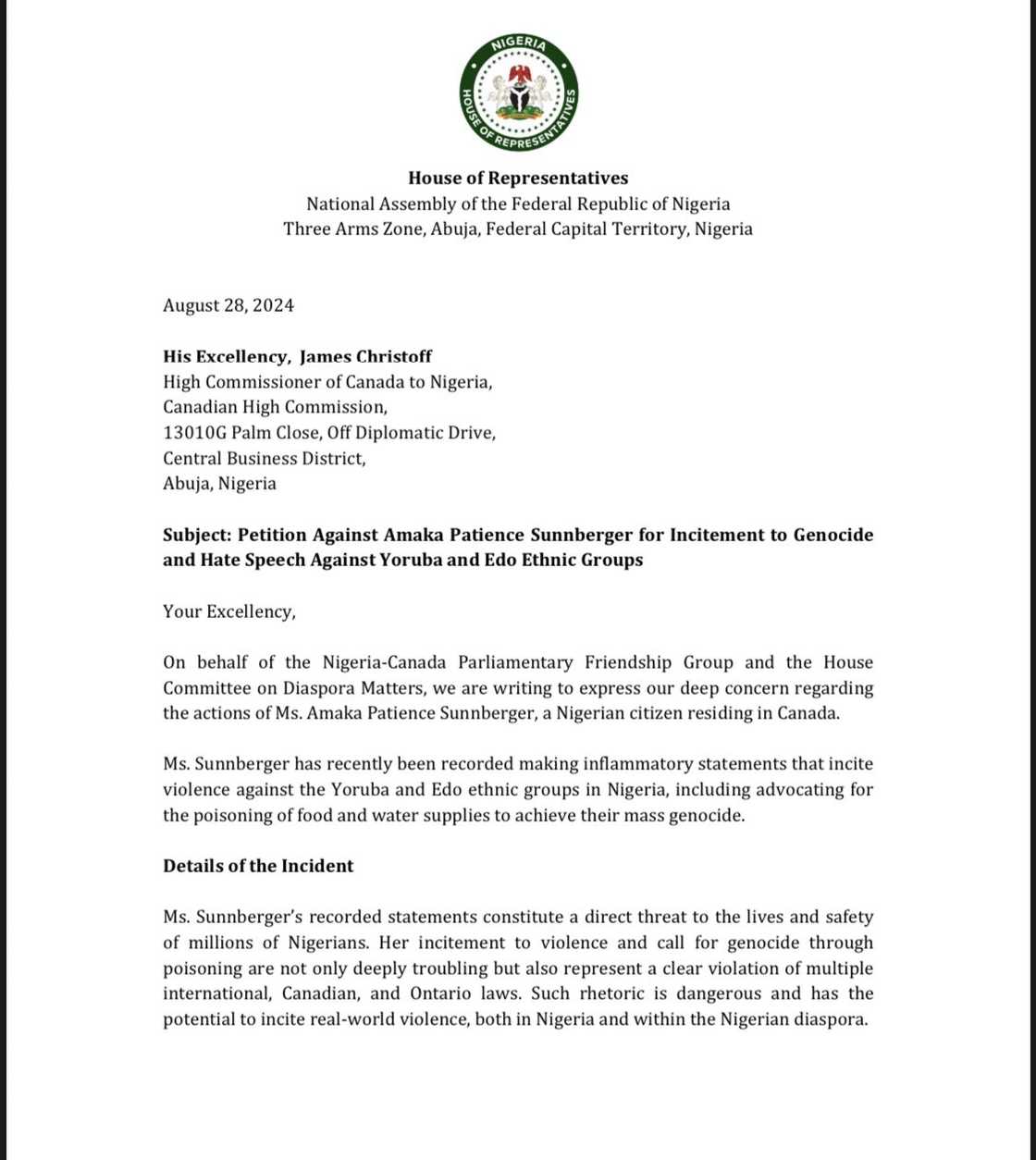 House of reps position on Amaka Patience Sunnberger