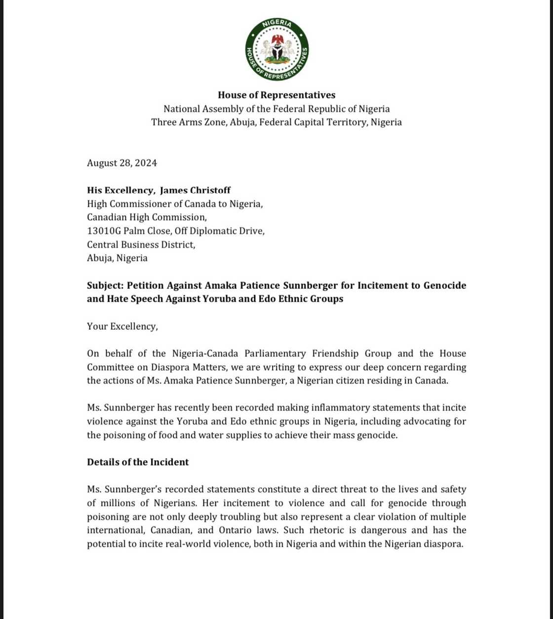 House of reps position on Amaka Patience Sunnberger House of reps position on Amaka Patience Sunnberger