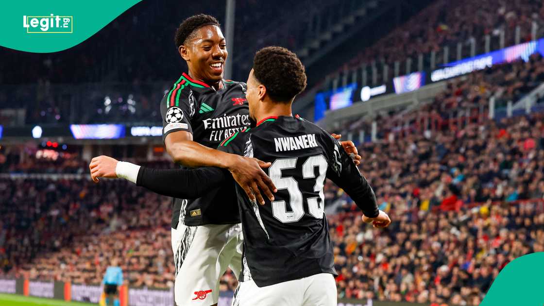 Arsenal defeated PSV 7-1 in the first leg of the UEFA Champions League. Arsenal defeated PSV 7-1 in the first leg of the UEFA Champions League.