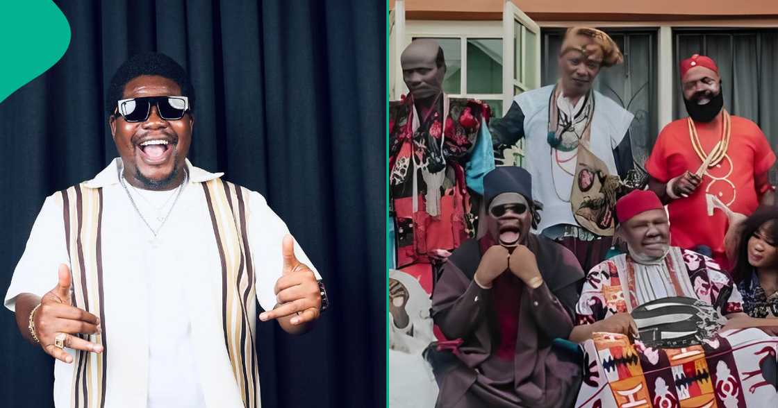 Pete Edochie, Chiwetalu Agu, Lalude, and Abija feature in Mr Macaroni's star-studded skit titled The Avengers of Nollywood. Pete Edochie, Chiwetalu Agu, Lalude, and Abija feature in Mr Macaroni's star-studded skit titled The Avengers of Nollywood.