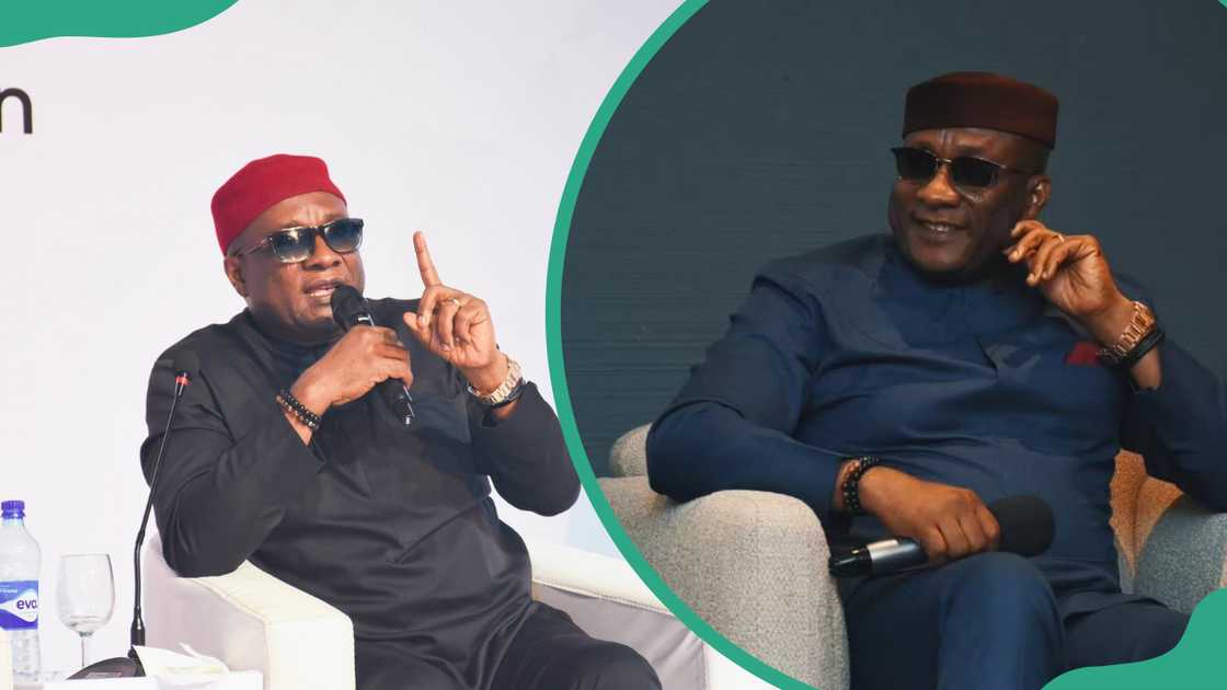 Allen Onyema speaking using a microphone while seated (L). The Nigerian entrepreneur smiling with one hand on his cheek and the other one holding a microphone (R). Allen Onyema speaking using a microphone while seated (L). The Nigerian entrepreneur smiling with one hand on his cheek and the other one holding a microphone (R).