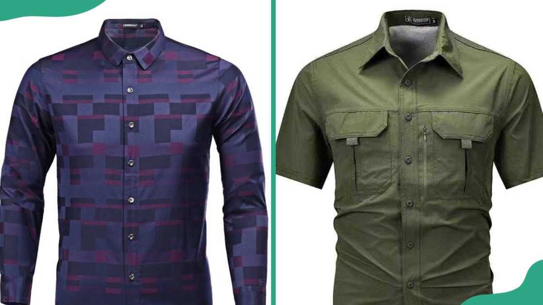 Blue long sleeve shirt and dark green short sleeves shirt