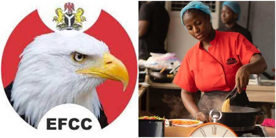 EFCC Logo, Hilda Baci cooking food EFCC Logo, Hilda Baci cooking food
