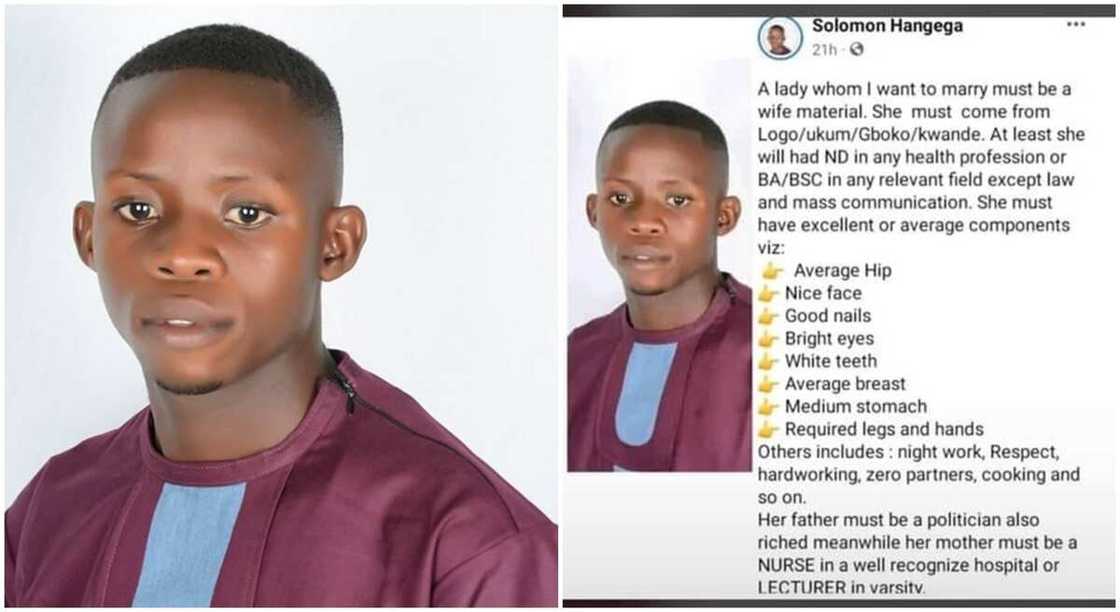 Photos of Solomon Hangega, a Nigerian man who went viral for listing requirements for a wife. Photos of Solomon Hangega, a Nigerian man who went viral for listing requirements for a wife.