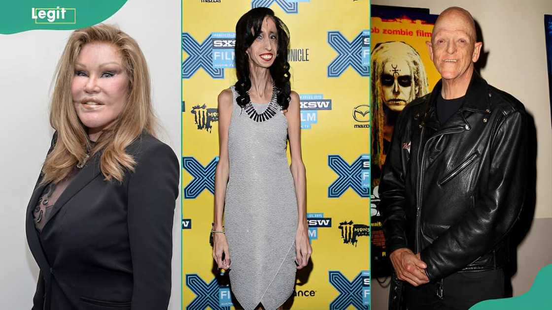 Pictures of Jocelyn Wildenstein (L), Lizzie Velasquez (C) and Michael Berryman (R).