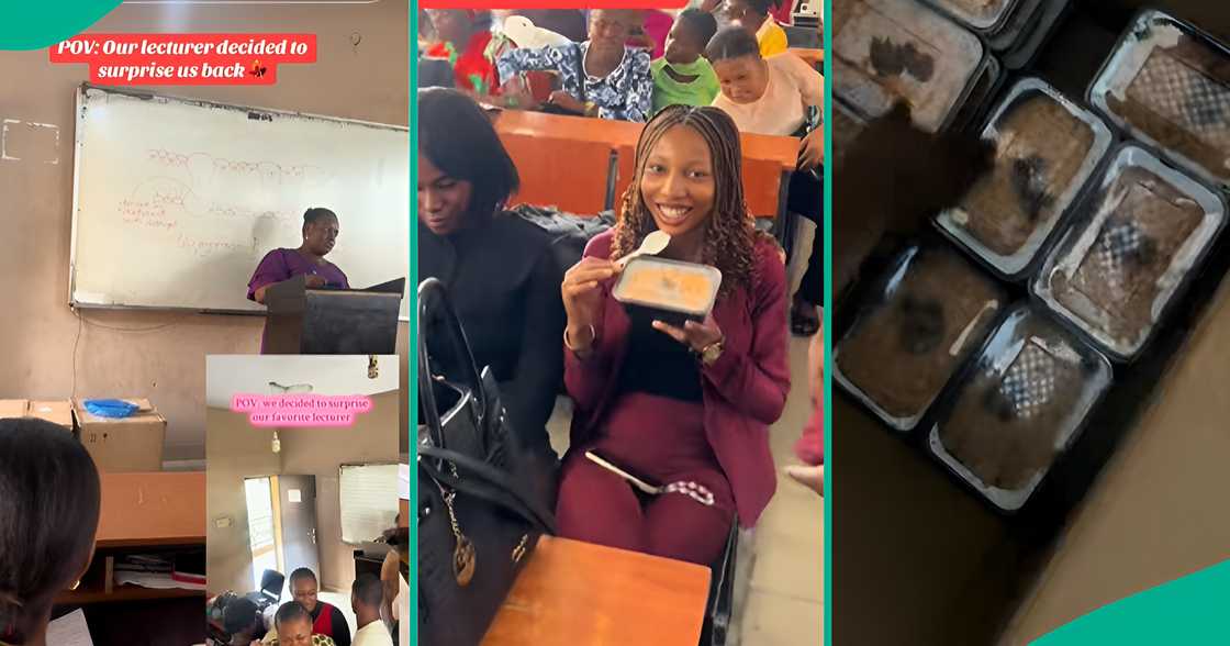 Yaba College of Technology (YABATECH) lecturer in Lagos state surprises students with food after they gifted her in class. Yaba College of Technology (YABATECH) lecturer in Lagos state surprises students with food after they gifted her in class.