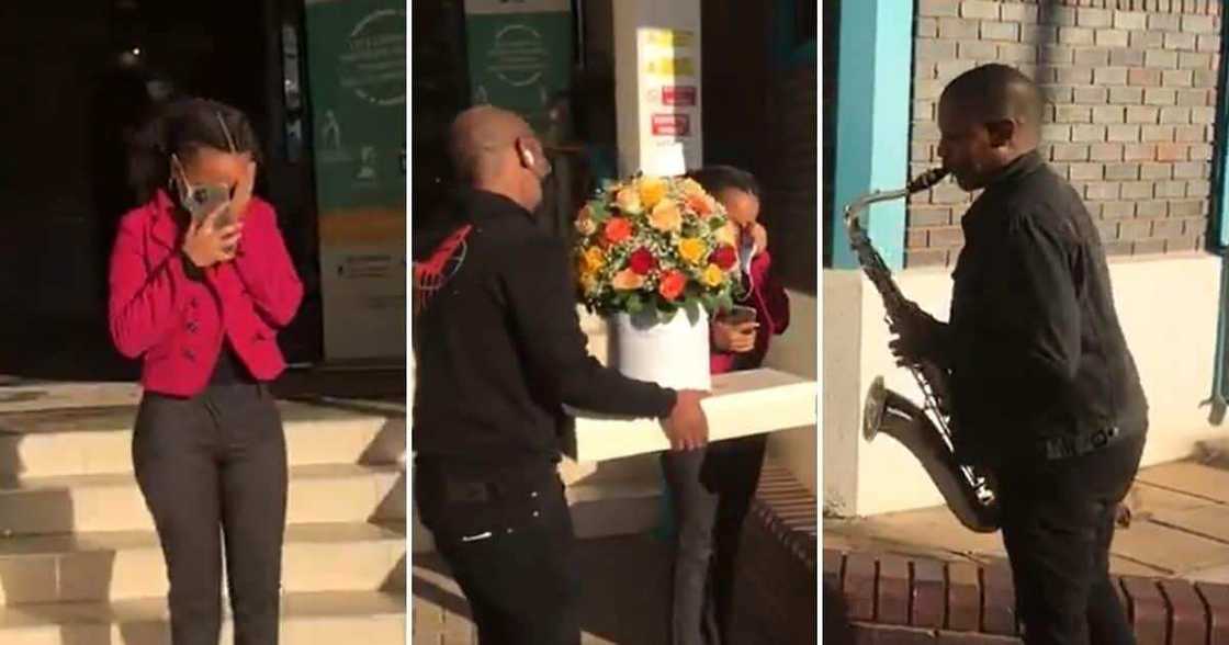 Man Surprises Girlfriend, Flowers, Saxophonist, Work, Birthday Man Surprises Girlfriend, Flowers, Saxophonist, Work, Birthday