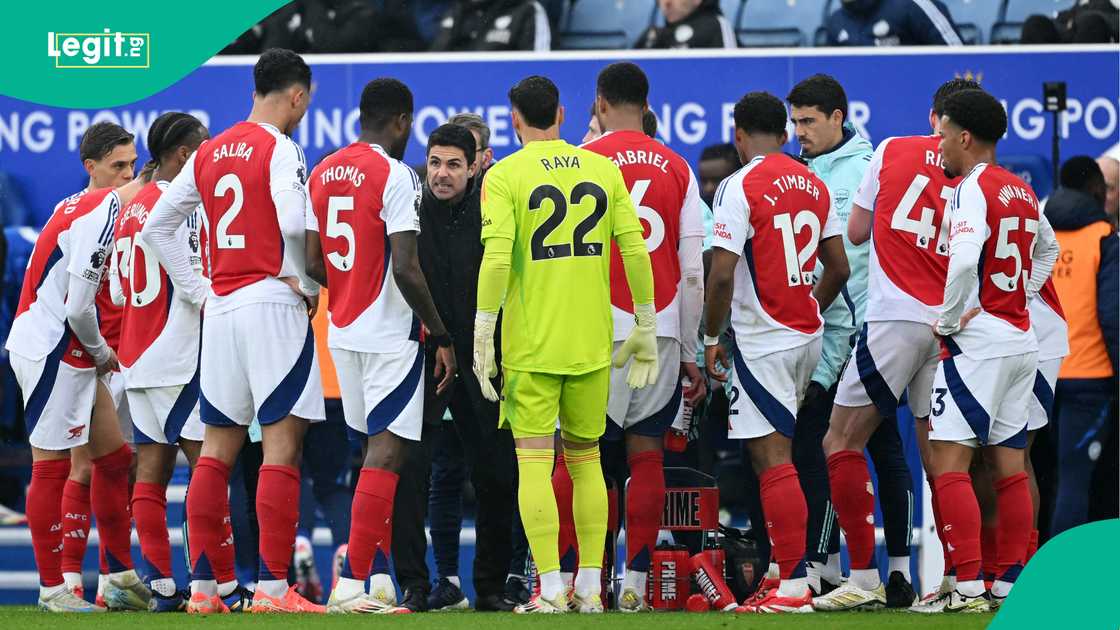 Mikel Arteta, Arsenal, William Saliba, Thomas Partey, Gabriel, David Raya, Leicester City, King Power Stadium, Leicester, England, Premier League. Mikel Arteta, Arsenal, William Saliba, Thomas Partey, Gabriel, David Raya, Leicester City, King Power Stadium, Leicester, England, Premier League.