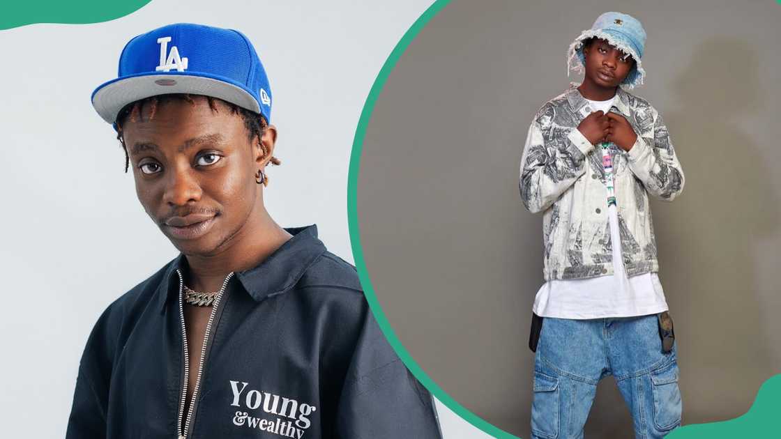 Young Duu posing for a photo in front of a white wall (L) and in front of a grey wall (R)