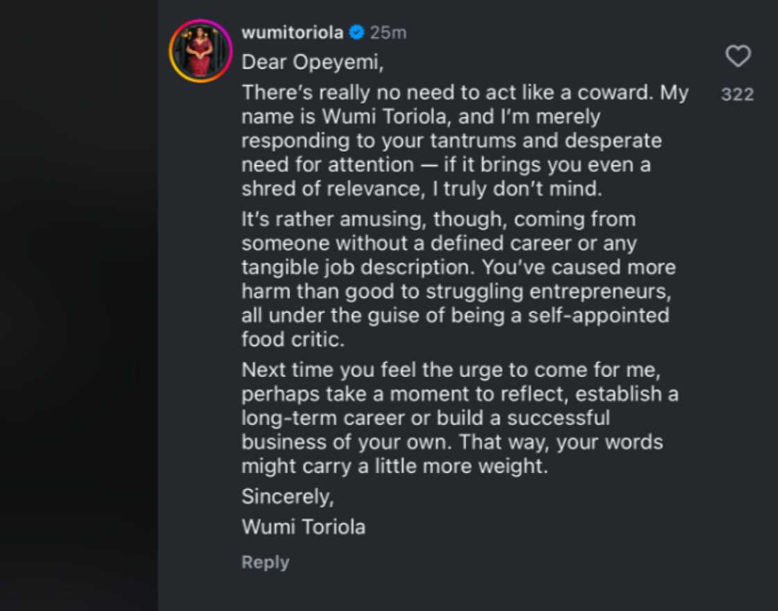 Chef T: Wumi Toriola replies Opeyemi Famakin.