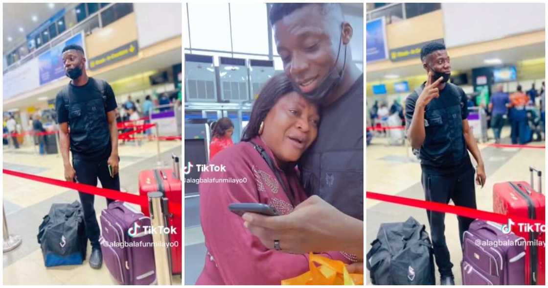 Mum and son, young son, airport, abroad