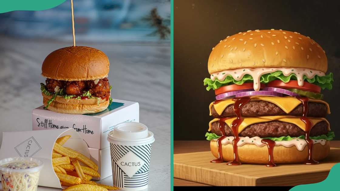 Burger, chips, salad and a hot drink (L). A beef burger on a wooden platter (R) Burger, chips, salad and a hot drink (L). A beef burger on a wooden platter (R)
