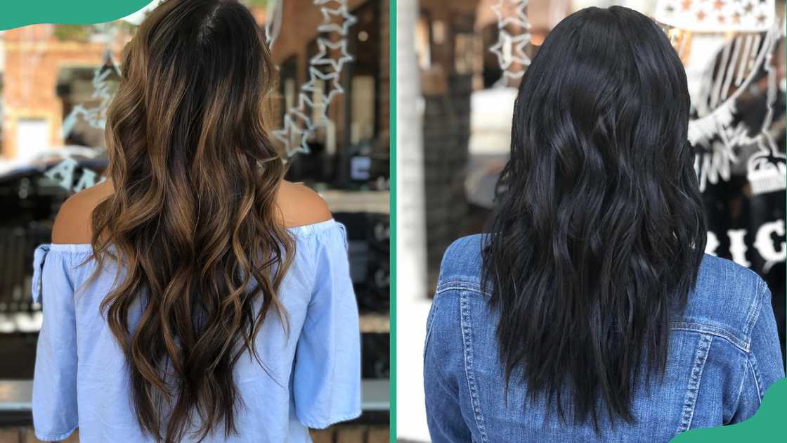 Two women show their long razor cut hairstyles Two women show their long razor cut hairstyles